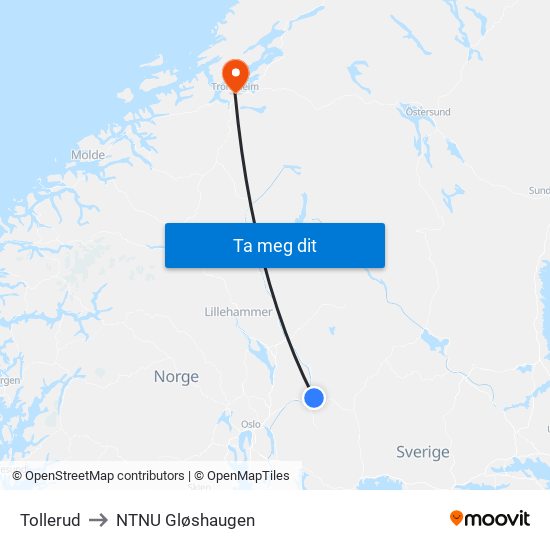 Tollerud to NTNU Gløshaugen map