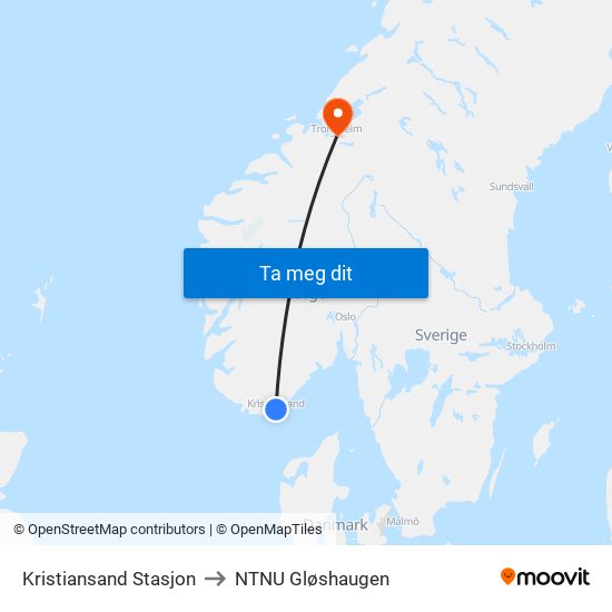 Kristiansand Stasjon to NTNU Gløshaugen map
