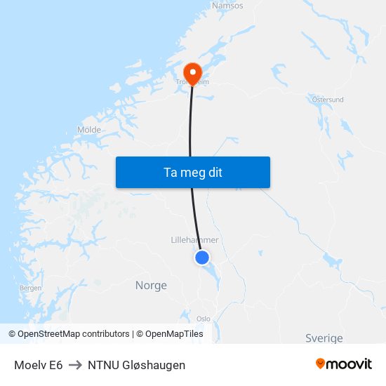 Moelv E6 to NTNU Gløshaugen map