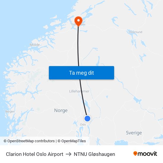 Clarion Hotel Oslo Airport to NTNU Gløshaugen map