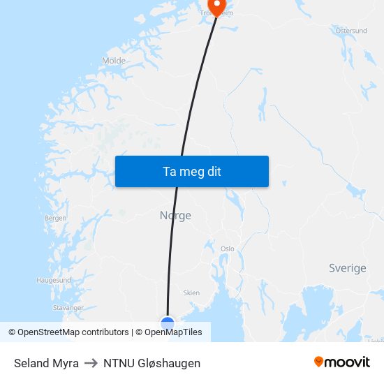 Seland Myra to NTNU Gløshaugen map