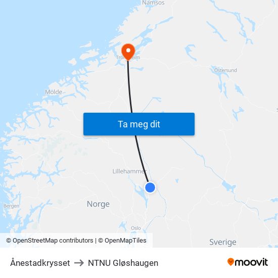 Ånestadkrysset to NTNU Gløshaugen map