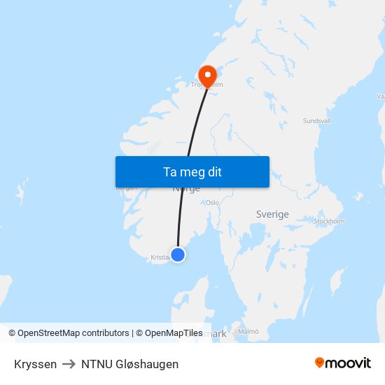 Kryssen to NTNU Gløshaugen map