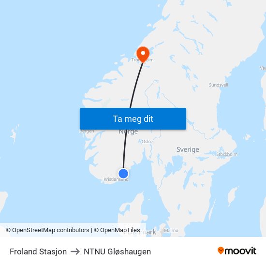 Froland Stasjon to NTNU Gløshaugen map