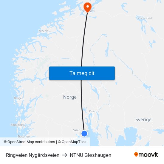 Ringveien Nygårdsveien to NTNU Gløshaugen map