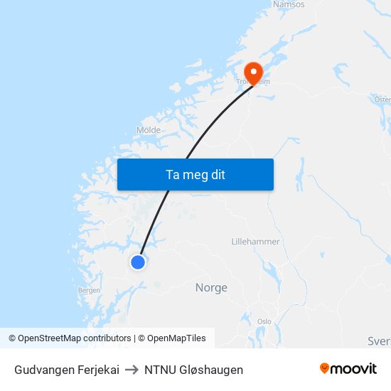 Gudvangen Ferjekai to NTNU Gløshaugen map