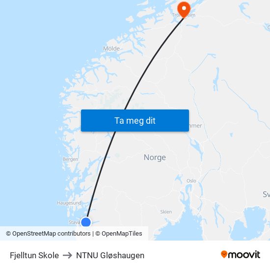 Fjelltun Skole to NTNU Gløshaugen map
