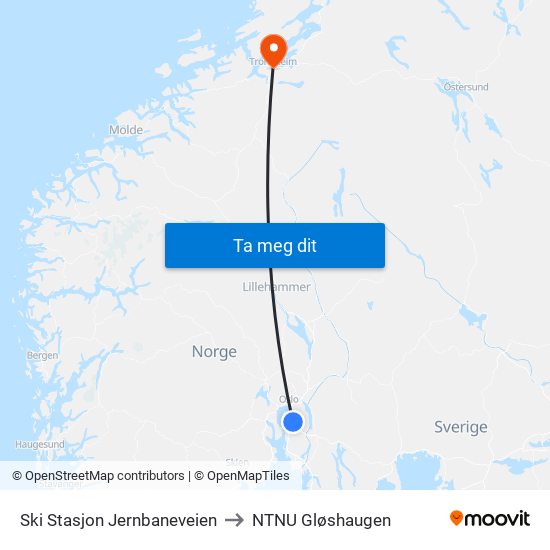 Ski Stasjon Jernbaneveien to NTNU Gløshaugen map