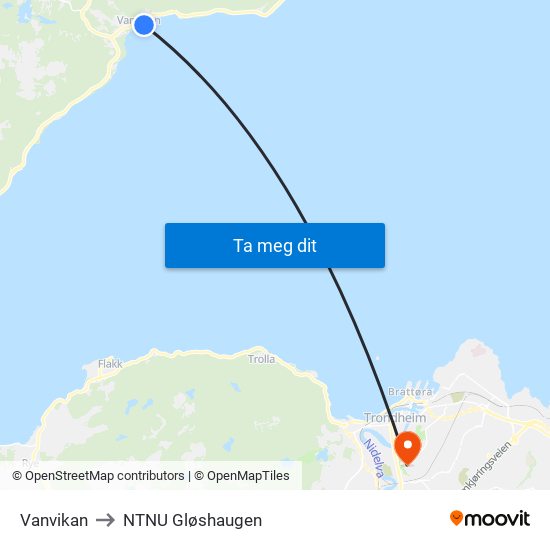 Vanvikan to NTNU Gløshaugen map