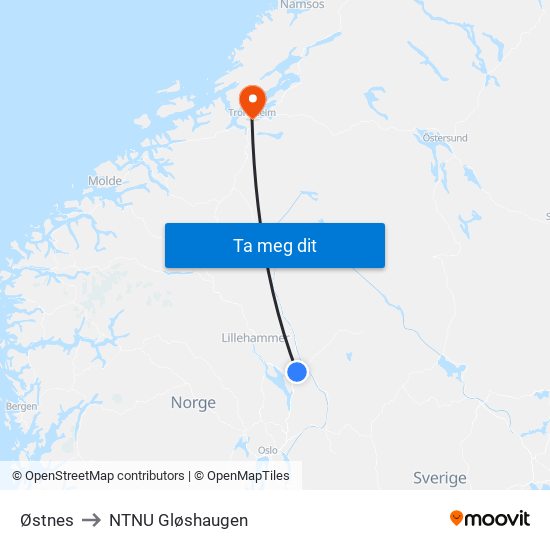 Østnes to NTNU Gløshaugen map