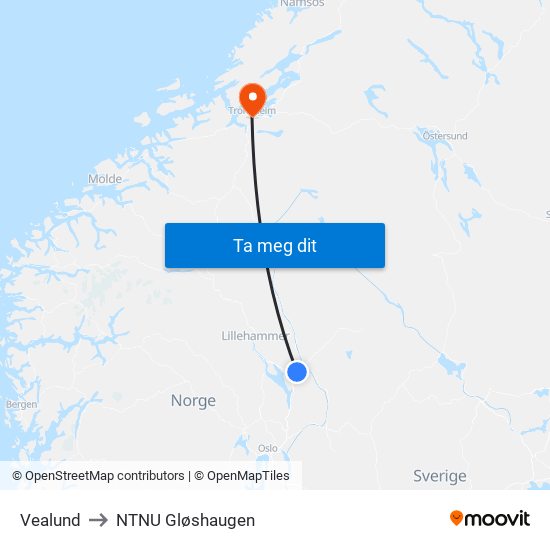 Vealund to NTNU Gløshaugen map