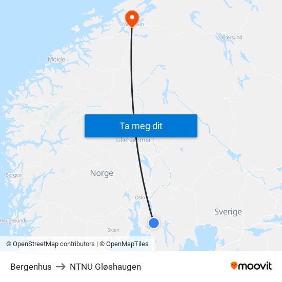 Bergenhus to NTNU Gløshaugen map