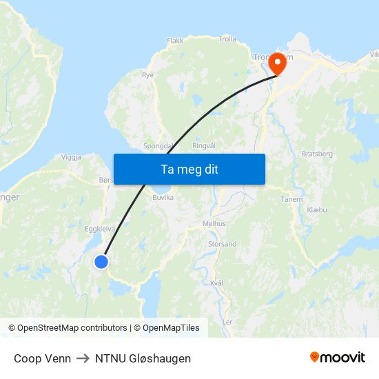 Coop Venn to NTNU Gløshaugen map