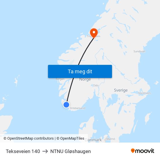 Tekseveien 140 to NTNU Gløshaugen map