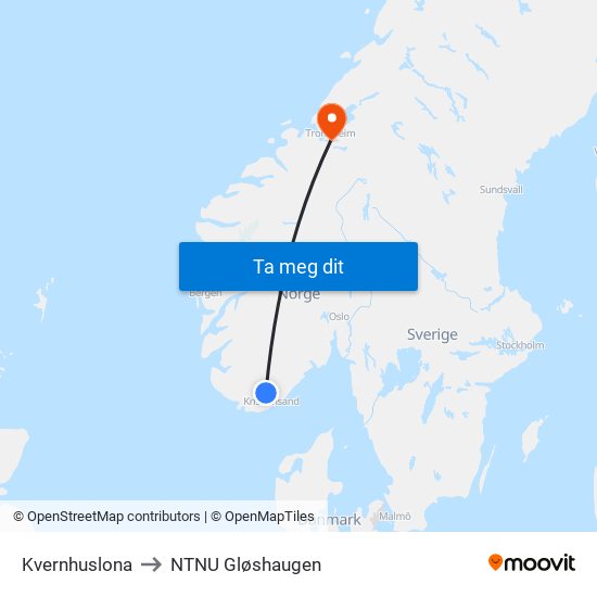 Kvernhuslona to NTNU Gløshaugen map