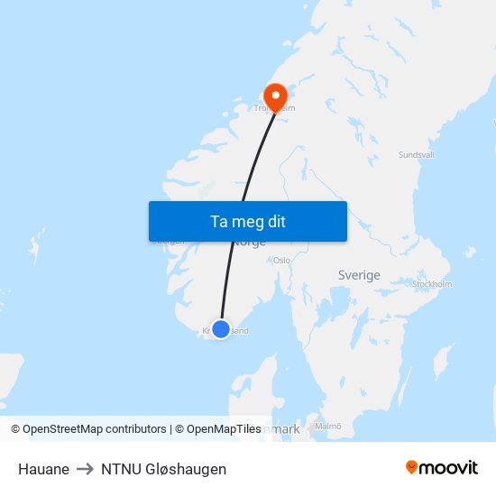 Hauane to NTNU Gløshaugen map