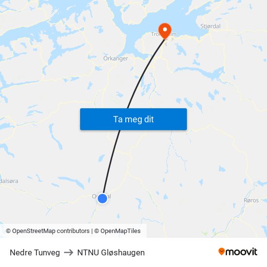 Nedre Tunveg to NTNU Gløshaugen map