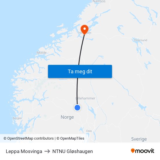 Leppa Mosvinga to NTNU Gløshaugen map