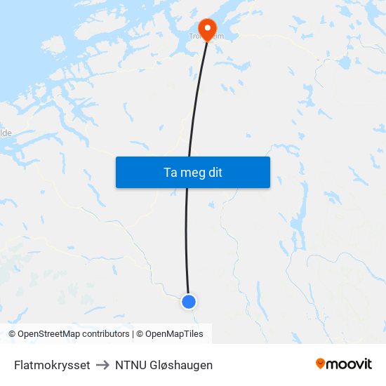 Flatmokrysset to NTNU Gløshaugen map