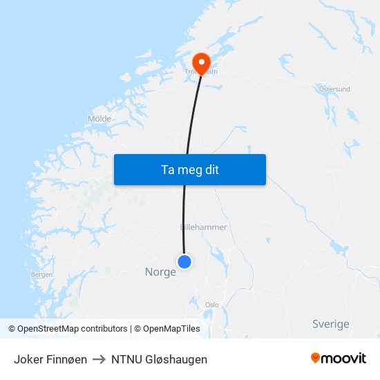 Joker Finnøen to NTNU Gløshaugen map
