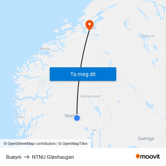 Buøyni to NTNU Gløshaugen map