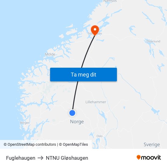 Fuglehaugen to NTNU Gløshaugen map