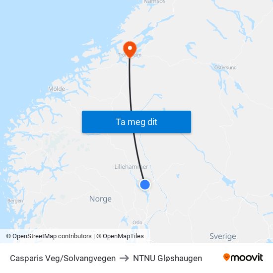 Casparis Veg/Solvangvegen to NTNU Gløshaugen map
