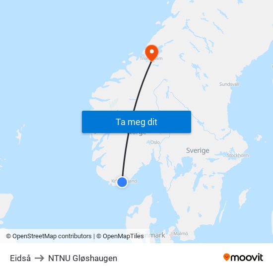Eidså to NTNU Gløshaugen map