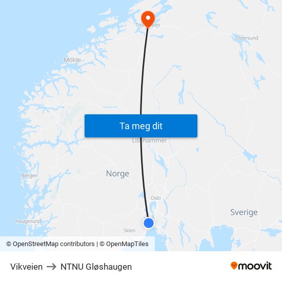 Vikveien to NTNU Gløshaugen map