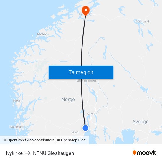 Nykirke to NTNU Gløshaugen map
