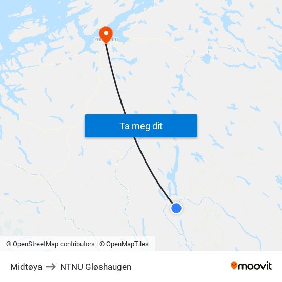 Midtøya to NTNU Gløshaugen map
