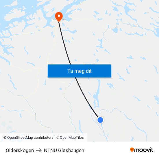 Olderskogen to NTNU Gløshaugen map