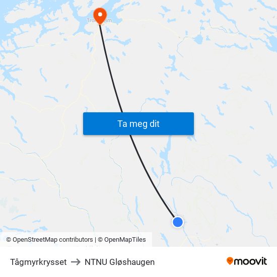 Tågmyrkrysset to NTNU Gløshaugen map
