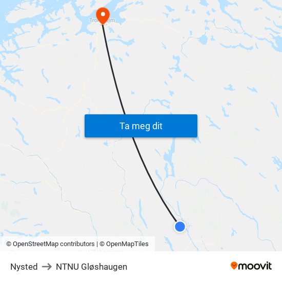 Nysted to NTNU Gløshaugen map