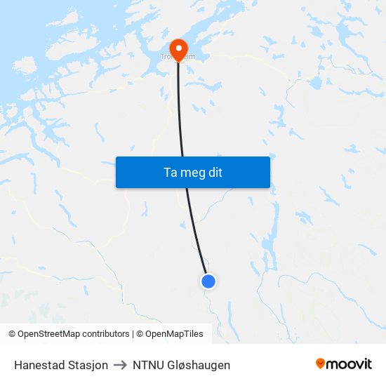 Hanestad Stasjon to NTNU Gløshaugen map