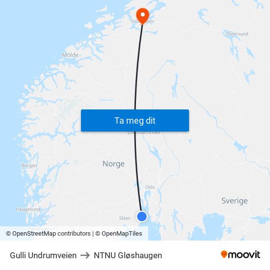 Gulli Undrumveien to NTNU Gløshaugen map