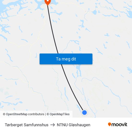 Tørberget Samfunnshus to NTNU Gløshaugen map