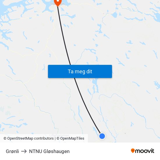 Grønli to NTNU Gløshaugen map
