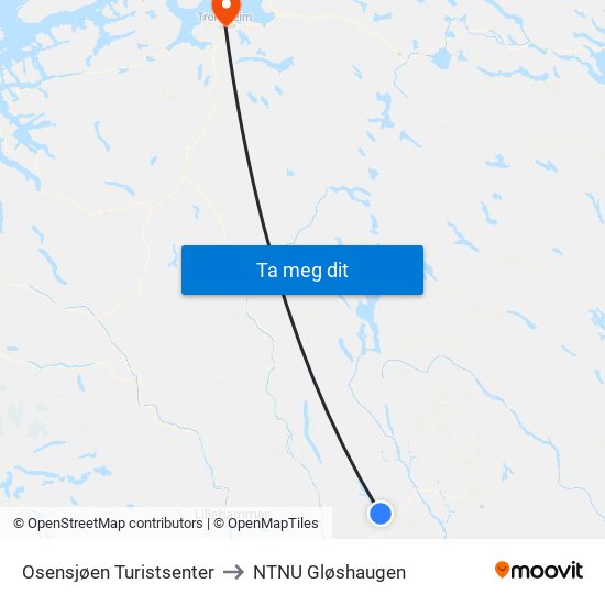 Osensjøen Turistsenter to NTNU Gløshaugen map