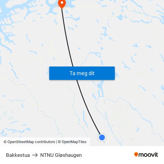 Bakkestua to NTNU Gløshaugen map