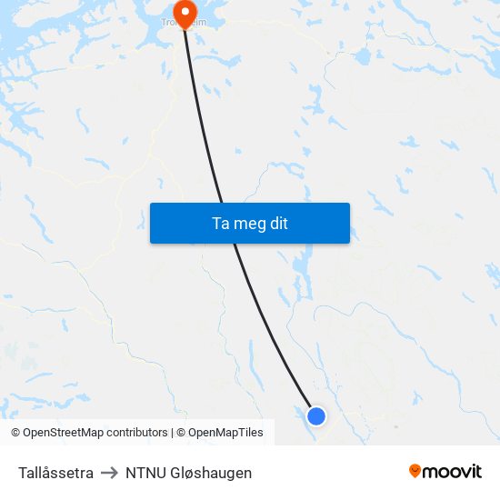 Tallåssetra to NTNU Gløshaugen map