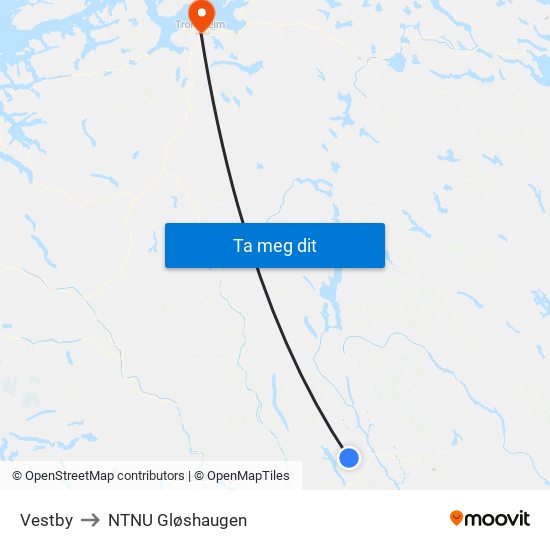 Vestby to NTNU Gløshaugen map