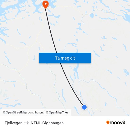 Fjellvegen to NTNU Gløshaugen map