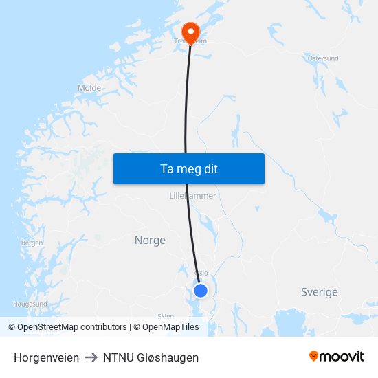 Horgenveien to NTNU Gløshaugen map