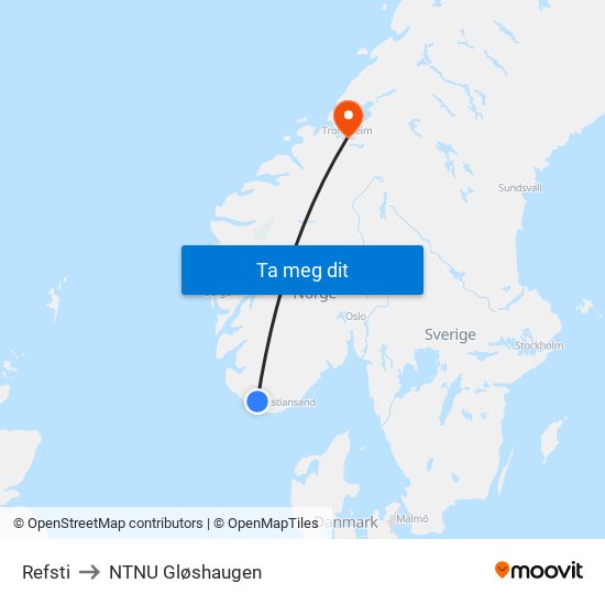 Refsti to NTNU Gløshaugen map