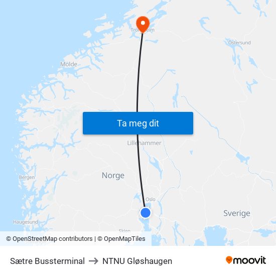 Sætre Bussterminal to NTNU Gløshaugen map