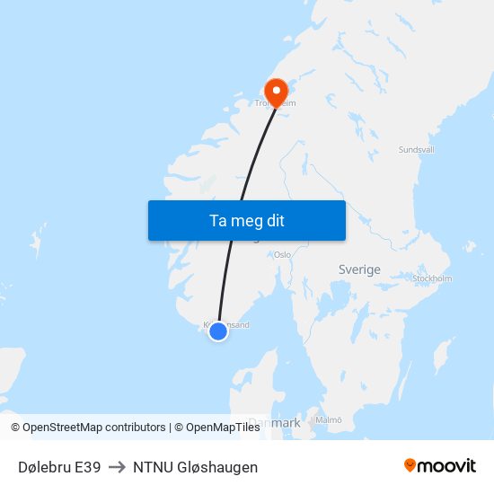 Dølebru E39 to NTNU Gløshaugen map