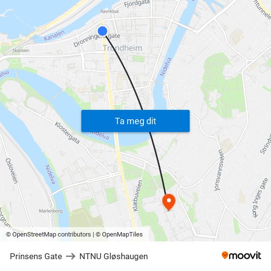 Prinsens Gate to NTNU Gløshaugen map