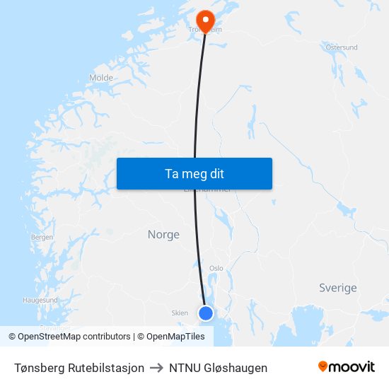 Tønsberg Rutebilstasjon to NTNU Gløshaugen map