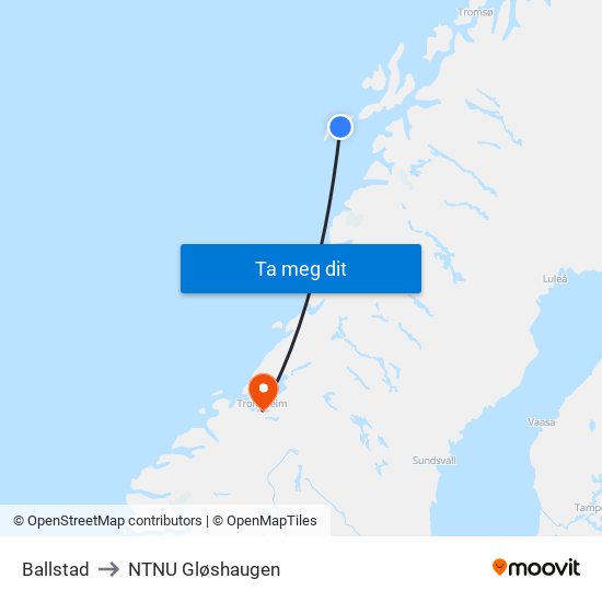 Ballstad to NTNU Gløshaugen map